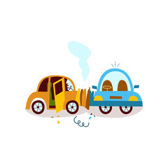 vector flat cartoon car accident. yellow vehicle crashed into blue one from side and got smoke from hood and cracked side window glass. Isolated illustration on a white background.