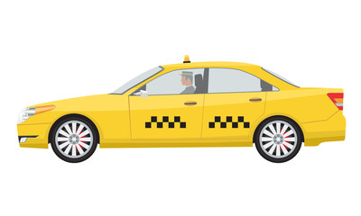 Yellow lux and vip taxi car and taxi driver with uniform. Illustrated vector.