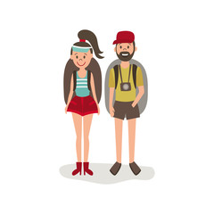 vector flat cartoon young man, woman hitch-hiking tourists smiling wearing backpack, watches cap. Isolated illustration on a white background.