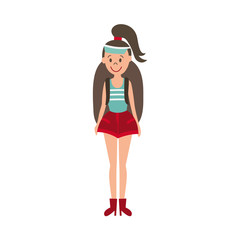 vector flat cartoon beautiful cute young girl hiking tourist smiling wearing backpack, shorts red boots. Isolated illustration on a white background.