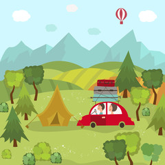 Family car trip and camping in countryside, green fields, trees, mountains and blue sky, flat cartoon vector illustration. Family travelling by car and camping in field, countryside