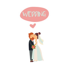 vector flat cartoon groom in tuxedo with beard and bride in veil and white dress newlywed couple kissing each other. Illustration isolated on a white background. Wedding concept character design