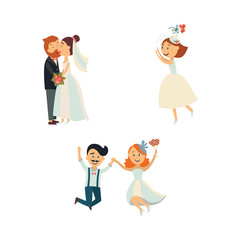 Funny wedding couple, kissing and jumping, bride throwing flowers, flat cartoon vector illustration isolated in white background. Funny comicbwedding couple, hugging and kissing, throwing flowers