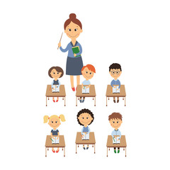 vector flat cartoon cute schoolkid character sitting at desk in elementary school smiling, teacher with pointer set. Isolated illustration on a white background. Child education back to school concept