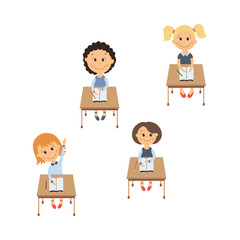 vector flat cartoon cute schoolkids character sitting at desk in elementary school smiling set. Isolated illustration on a white background. Child education, back to school concept