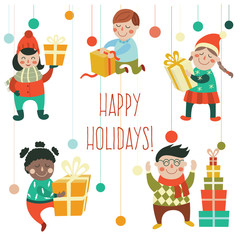 Set of kids, children holding, opening, getting Christmas, New Year presents, gifts, flat cartoon vector illustration isolated on white background. Kids, boys, girls, with Christmas New Year presents