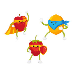 vector flat cartoon funny fruit, berry character in masks set. Lemon standing like ninja, strawberry keeps shield in hand, apple flying like superman . Isolated illustration on a white background.