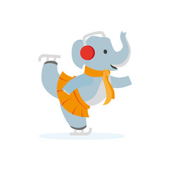 vector flat cartoon elephant character ice skating smiling wearing scarf, skirt warm headphones earmuffs. Winter animal outdoor games, activities concept. Isolated illustrationo on a white background