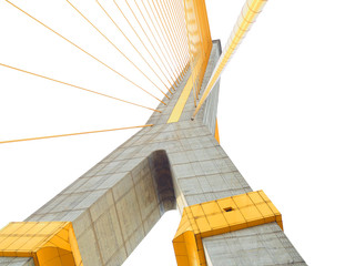 Upside down Y fork shape large concrete column for suspension bridge, with yellow painted decoration and stacked cables, view from below, abstract
