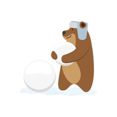 Fototapeta premium vector flat cartoon brown bear character making ice balls smiling wearing earflap hat. Winter animal outdoor games, activities concept. Isolated illustrationo on a white background