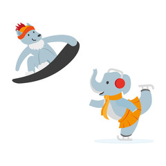 vector flat cartoon funny wolf character snowboarding, elephant ice-skiing smiling wearing cap. Winter animal outdoor games, activities concept. Isolated illustrationo on a white background