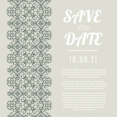 Obraz premium Save the Date invitation. Wedding card with green ornate borders.