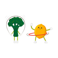 vector flat cartoon funny fruit, vegetable sport characters set. Cheerful humanized lemon, broccoli makes exercises with hula hoop, jumping rope. Isolated illustration on a white background.