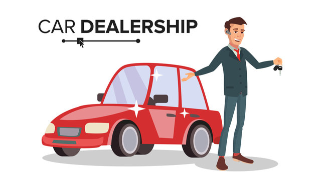 Professional Car Dealer Vector. Happy Professional Automobile Salesman. Choosing And Selling A Car. Isolated On White Cartoon Character Illustration