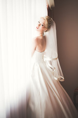 Fototapeta na wymiar Portrait of beautiful bride with fashion veil at wedding morning