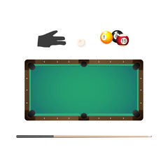 Billiard, snooker table, cue, pool glove, chalk and colored balls, realistic vector illustration isolated on white background. Vector set of pool, billiard game objects - table, cue, glove, balls
