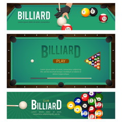 Set of three horizontal pool, billiard, snooker tournament banners with table, balls, hand in glove, vector illustration. Set of pool banner with billiard table, balls and hand with cue in glove