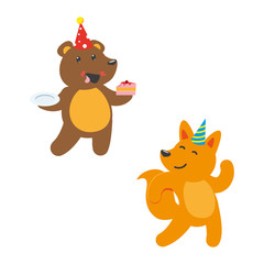 vector flat cartoon cheerful animals character happily smiling in paty hat set. brown bear eating piece of cake, red fox dancing . isolated illustration on a white background.