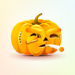 Jack-o-lantern, terrible facial expression of pumpkin smoking cigarette emotion, emoji sticker for Happy Halloween