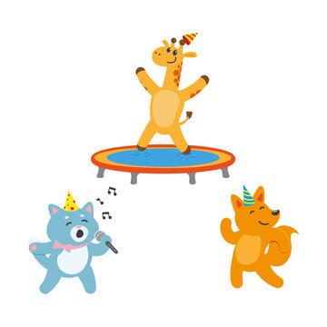 vector flat cartoon cheerful animals character happily smiling in paty hat set. giraffe jumping on trampoline, car singing with microphone, fox dancing . isolated illustration on a white background.