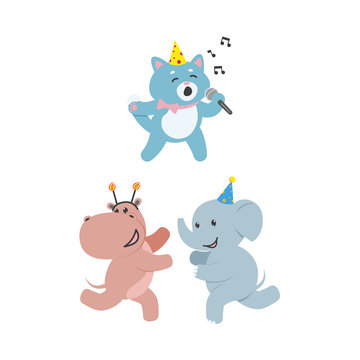 vector flat cheerful elephant, hippo kid character having fun running wearing party hat happily smiling, cat singing with microphone. isolated illustration on a white background. Animals party concept