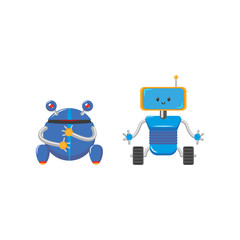 vector flat cartoon funny friendly blue robots with legs - rollers, arms antennas set. Isolated illustration on a white background. Childish futuristic android.