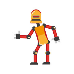 vector flat funny friendly robot. Humanoid male character with arms, legs wants to give handshake smiling. Isolated illustration on a white background. Childish futuristic android.