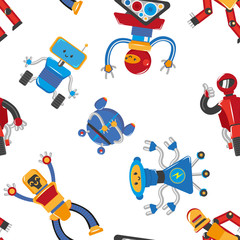 vector flat funny friendly robots seamless pattern. Humanoid male characters with arms, legs, wheels or rollers and antennas . Isolated illustration on a white background.