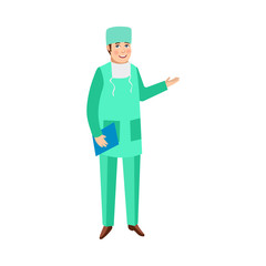 vector flat cartoon adult male doctor, surgeon in green medical uniform - mask cap, holding clipboard pointing something out smiling. Isolated illustration on a white background.