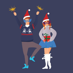 Young couple celebrates the new year. Man and woman in red cap of Santa Claus holding Christmas presents. Vector illustration.
