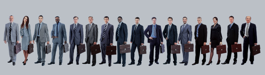 Business team with their  briefcase  in a single line against wh