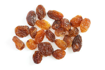 Raw raisins (dried grape) isolated on white background. Top view