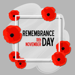 Remembrance day paper cut poster with poppy flowers and white frame. Vector illustration template in 3d paper style.