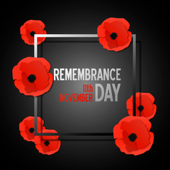 Remembrance day paper cut banner with poppy flowers and frame. Vector illustration template in 3d paper style.