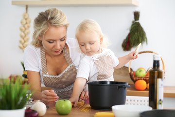 Mother and little daughter are cooking in the kitchen. Spending time all together or happy family concept