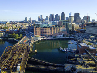 Obraz premium Pier of Boston Massachusetts USA, Wharf with sailboat and yachts in Charles Rive, skyline skyscrapers