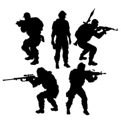 vector silhouettes of soldiers set