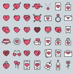 Set of 42 simple icons with heart for Valentine's day, web design, sites, applications, games, stickers…