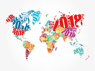 Naklejka premium 2018 Happy New Year, in shape of World Map typography, word cloud collage concept