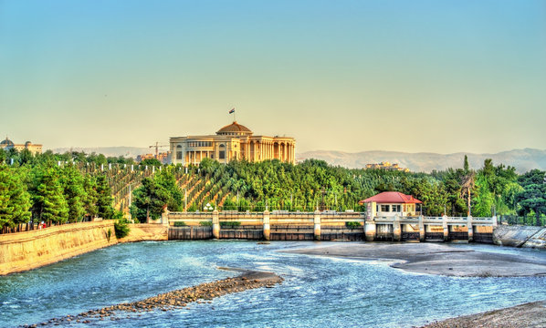 View of Dushanbe with Presidential palace and the Varzob River. Tajikistan, Central Asia