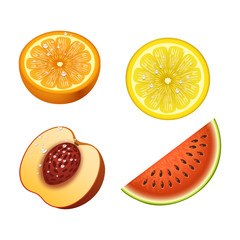 Ripe orange peach watermelon fruits 3d citrus slices sweet food realistic organic vector illustration.