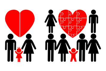 Nuclear Family and Blended Family. Child in a traditional family and a modern stepfamily
