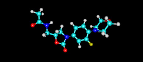 Linezolid antibiotic molecular structure isolated on black