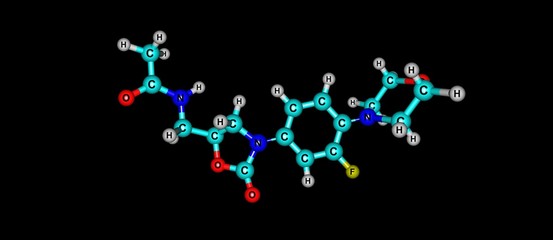 Linezolid antibiotic molecular structure isolated on black