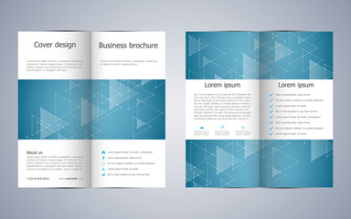 Bi-fold business brochure template with triangles abstract background. Geometric graphics and connected lines with dots. Medical, technological and scientific concept. Vector illustration.