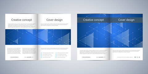 Bi-fold business brochure template with abstract background. Geometric graphics and connected lines with dots. Medical, technological and scientific concept. Vector illustration.