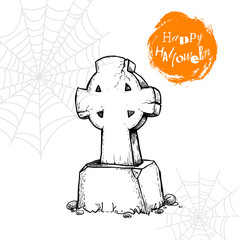 Hand drawn christian cross tombstone. Halloween party poster and invitation design element. Gravestone isolated on white background.