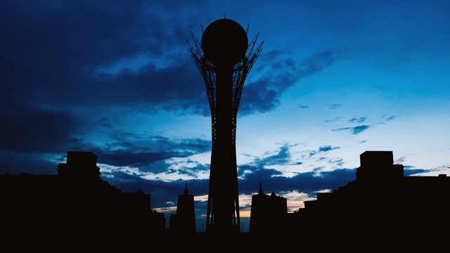 Timelapse of silhouette Bayterek tower in Astana capital of Kazakhstan on beautiful sunset