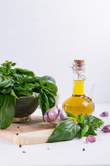 Fresh green basil with garlic and olive oil on white background