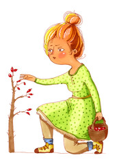 Watercolor illustration. Ginger girl picking berries in the forest